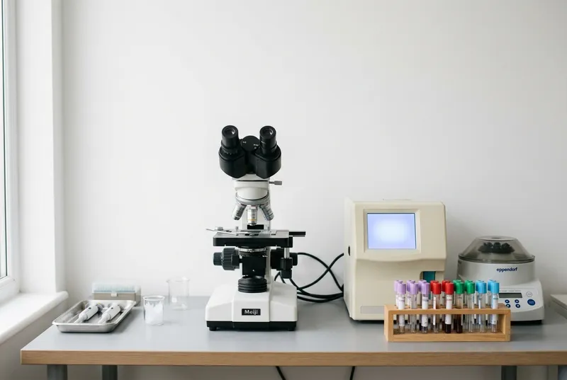Uma bancada de laboratório com microscópio