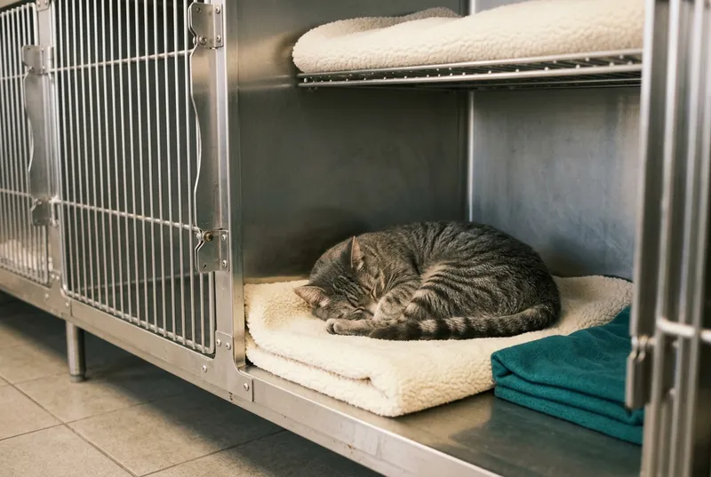 Um gato a descansar numa box de recobro