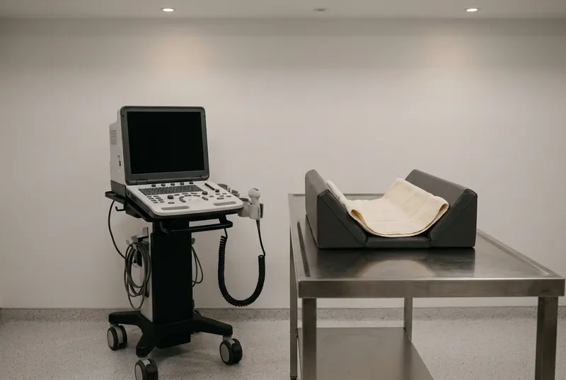 Um ecógrafo junto à mesa de exame