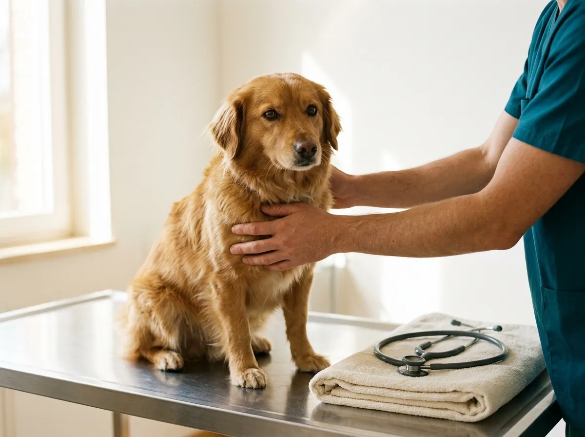 Mãos de um veterinário a examinar um cão calmo numa mesa de inox