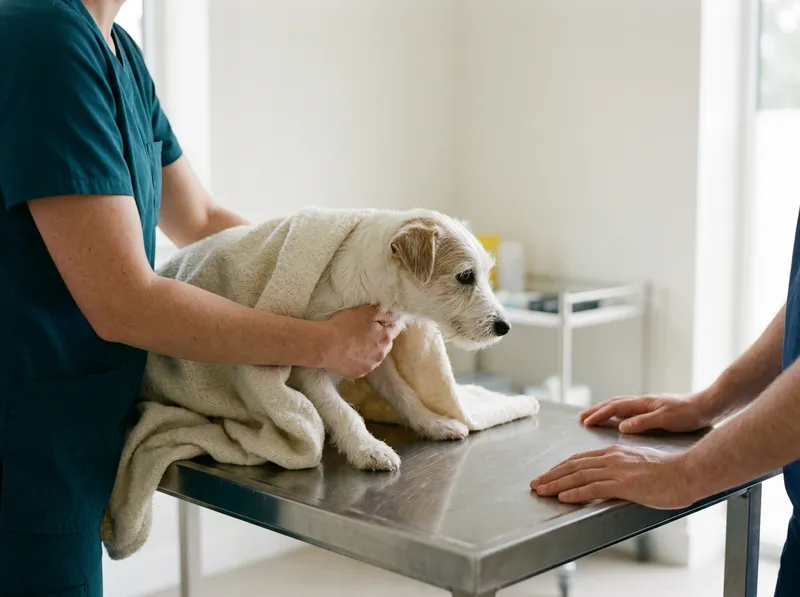 Uma enfermeira veterinária a pôr um cão pequeno na mesa de exame